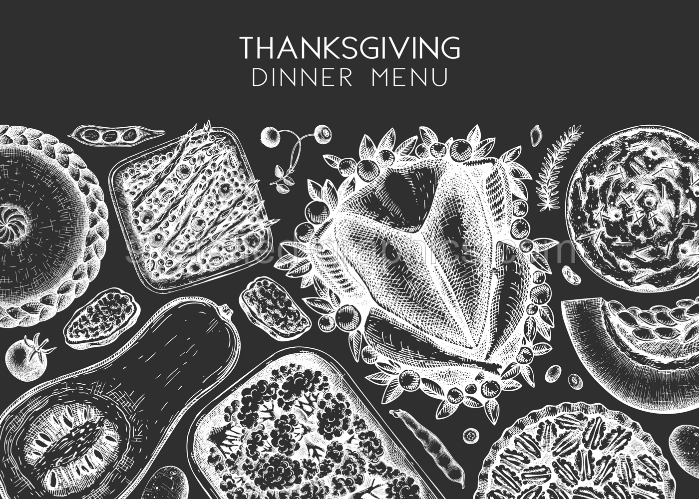 Thanksgiving dinner menu design on chalkboard. With roasted turkey, cooked vegetables, rolled meat, baking cakes and pies sketches. Vintage autumn food frame. Vector Thanksgiving day background. Illustration